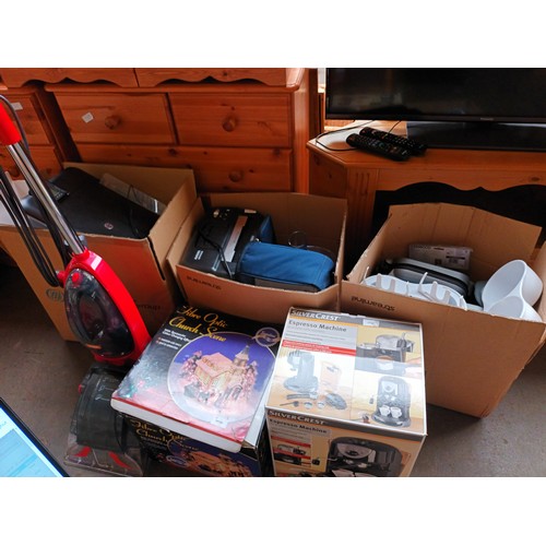 38 - 3 Boxes of electricals to include kitchenware, printer, stereo, paper shredder along with Vax carpet... 