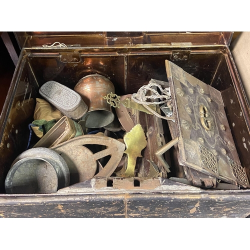 108T - A Metal travel trunk containing Middle east/ Tibetan brass and copper wares.
