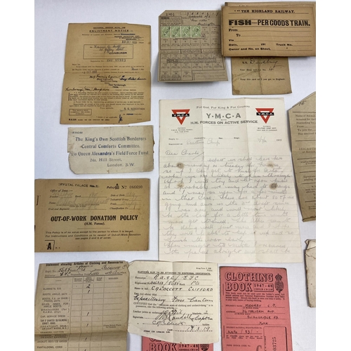 455 - A Collection of military paperwork to include ration books etc, Also includes a hand note from Angus... 