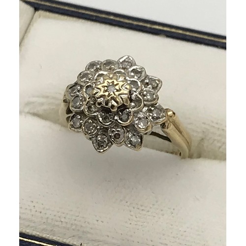 9 - A Ladies 9ct yellow gold and diamond cluster ring. [.25ct] [Ring size N] [3.22Grams]