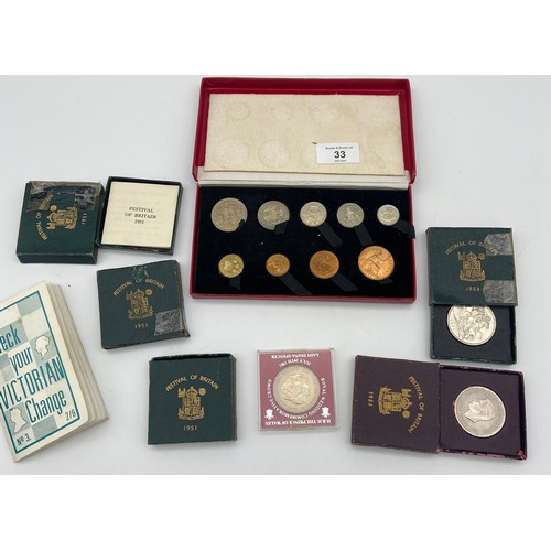 33 - A Collection of Five Shilling coins, Diana crown and Royal Mint 1950 decimal set with box.
