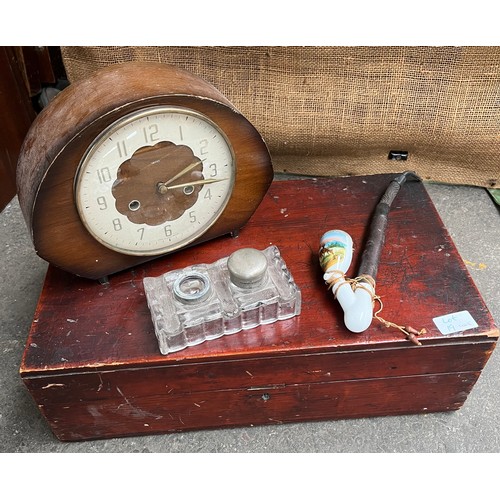 19 - Antique document/ writing slope, Mantel clock, Smoking pipe and two section ink well pot.