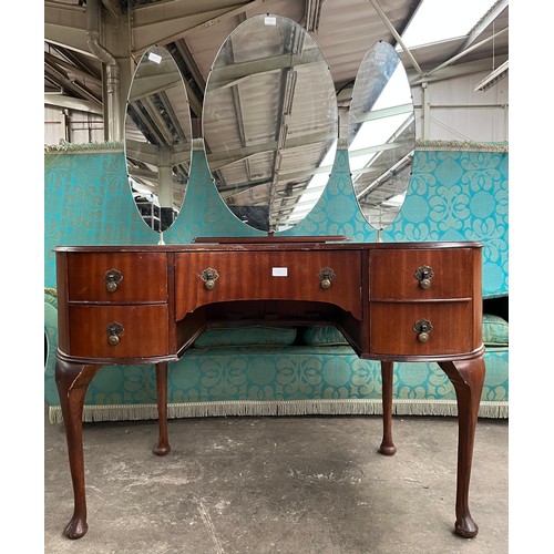 36 - A Vintage Kidney shape dressing table with three way mirror attached.