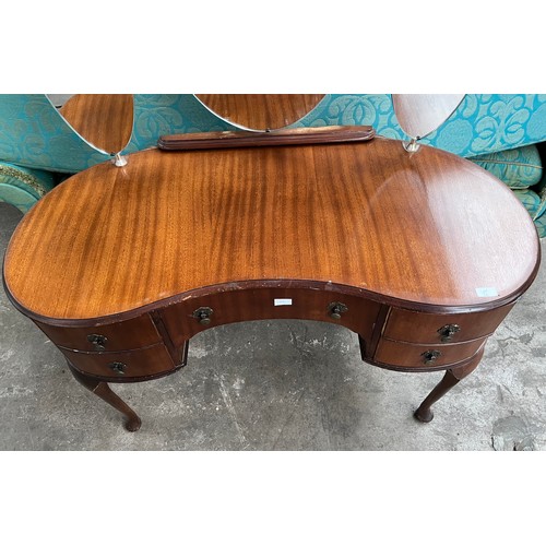 36 - A Vintage Kidney shape dressing table with three way mirror attached.