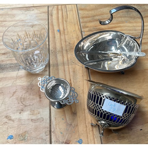 37 - A Lot of plated wares to include nut cracker, tea strainer, Swedish style crystal vase, Pierced plat... 