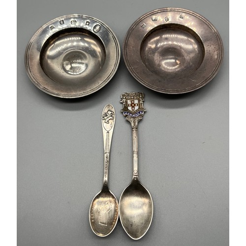 45 - A Pair of London silver dishes [one showing Jubilee marking] Together with silver souvenir spoons. [... 