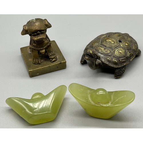 42 - A Pair of hand carved Chinese jade Ingots, Together with a Chinese bronze turtle figure and foo dog ... 