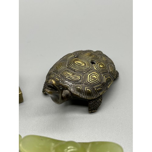 42 - A Pair of hand carved Chinese jade Ingots, Together with a Chinese bronze turtle figure and foo dog ... 