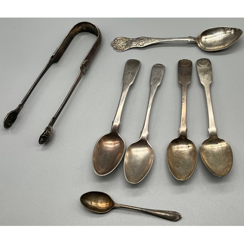 29 - A Collection of Scottish Silver flatwares to include Edinburgh silver sugar tongs, Mostly Georgian E... 