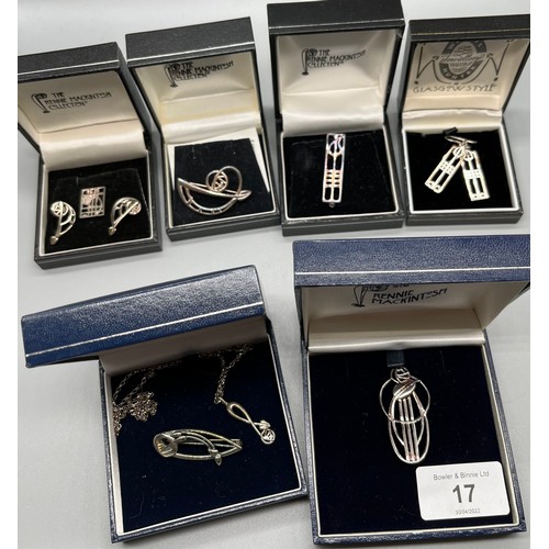 17 - A Lot of Rennie Mackintosh collection silver jewellery to include brooches, pendants and earrings.