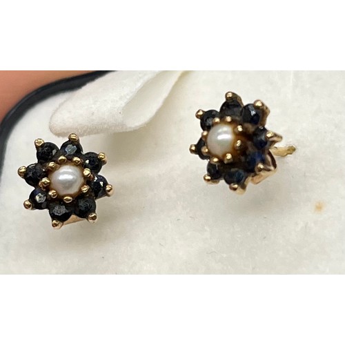 7 - A Pair of 9ct gold sapphire and pearl earrings.