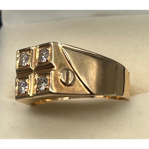 1 - A Gold gents four diamond stone ring. Stamped 14. [6.25grams] [Ring size- R]