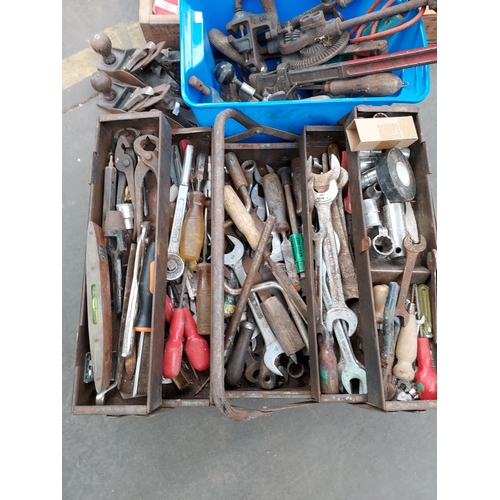 40 - A tool box containing a quantity of tools to include spanners, planes and small table top vices.