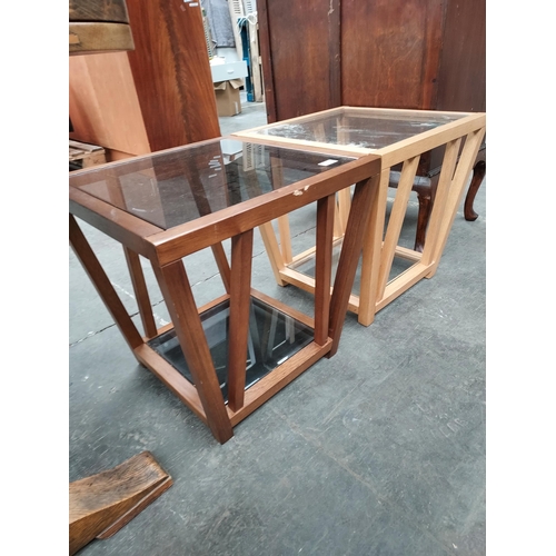 44 - A Pair of contemporary wood and glass side tables. [50cm high]