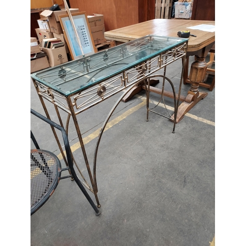 46 - A Contemporary wrought iron and glass console table. [80x92x30cm]