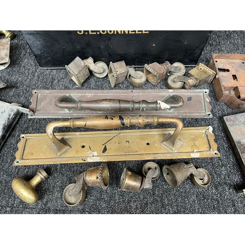 265 - Antique metal hard case containing Brass door handles, Brass castor feet, old locks and switches.