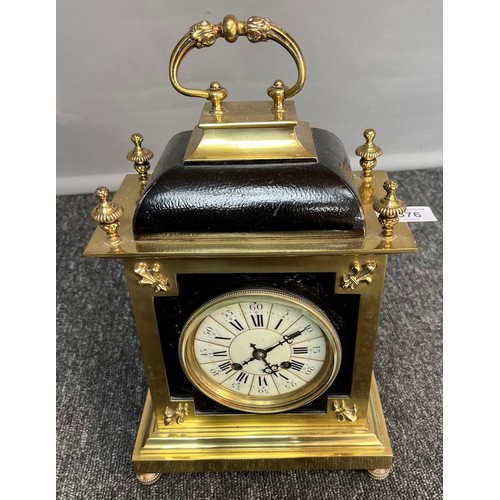 376 - Antique Heavy brass and black cased mantel clock, comes with key and pendulum. Working  [35x21x12.5c... 