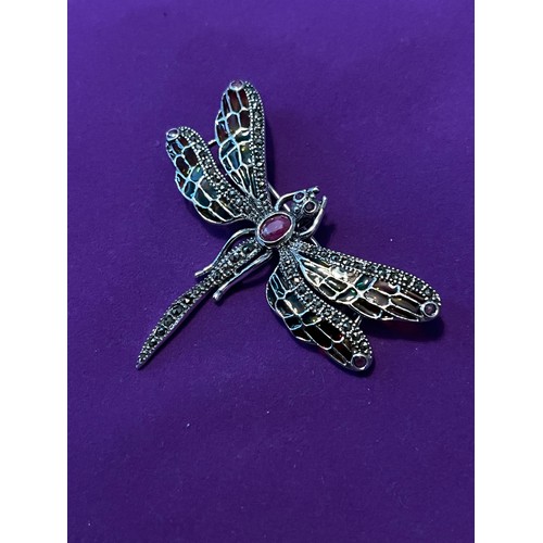 33j - A Silver Plique a jour brooch dragonfly brooch with ruby cabochon