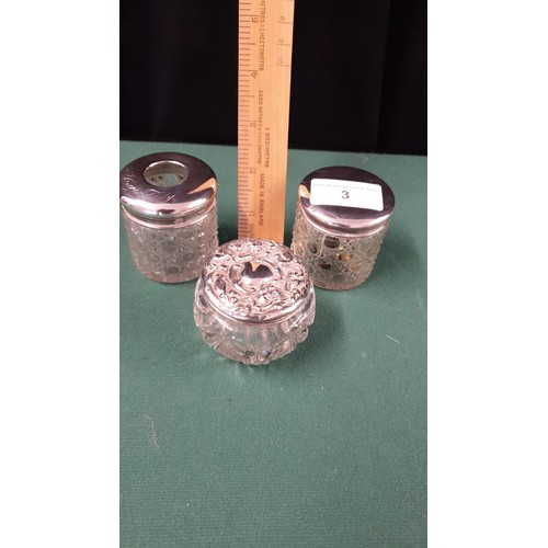 3 - 3 Silver hall marked topped powder glass jars.