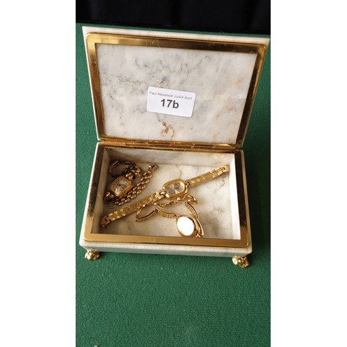 17b - Onyx jewellery box with 3 ladies watches .
