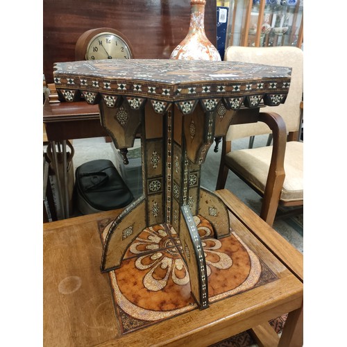 38 - Antique eastern inlaid table with inlays . Does need attention.
