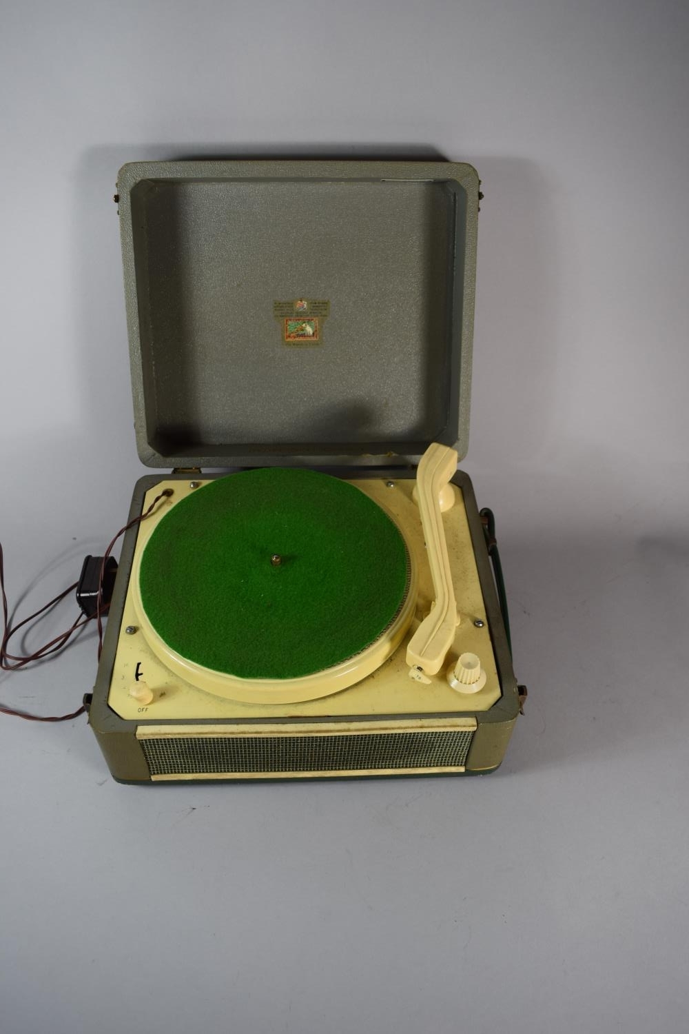 A Vintage His Masters Voice Portable Record Player, 30cms Wide