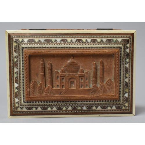 2 - A Carved Visakhapatnam Box, the Hinged Lid with Carved Relief Depicting the Taj Mahal, 15cm Wide