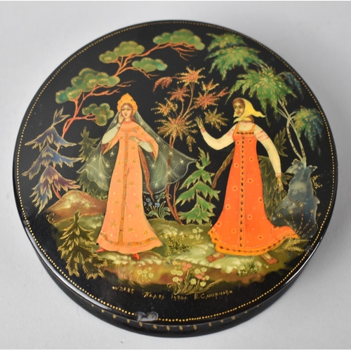 28 - A 20th Century Circular Laquered Box Decorated in Multi Coloured Enamels with Fairy Story Motif, 10c... 
