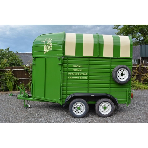 A Recently Converted Rice Horse Trailer that Has now Become 'Old Bean' Photobooth having Front Ramp with Handrails to Fitted Interior, with Mahogany Framed Buttoned Leather Scroll Arm Seat, Complete with Camera, Apple Mini Mac and Photobooth Software System, Lighting etc Complete with Four Spare Wheels and Tyres. Working Order
