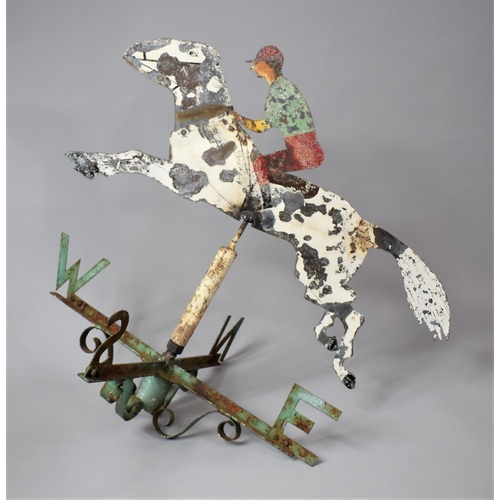 A Mid 20th Century Painted Metal Folk Art Weather Vane, Moulded as a Race Horse and Jockey, with Original Polychrome Painted Decoration, 63cm Wide x 59cm High