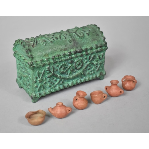 16 - A Modern Cast Metal Green Patinated Dome Topped Casket Containing Miniature Terracotta Jugs and Vase... 