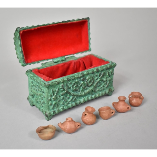 16 - A Modern Cast Metal Green Patinated Dome Topped Casket Containing Miniature Terracotta Jugs and Vase... 