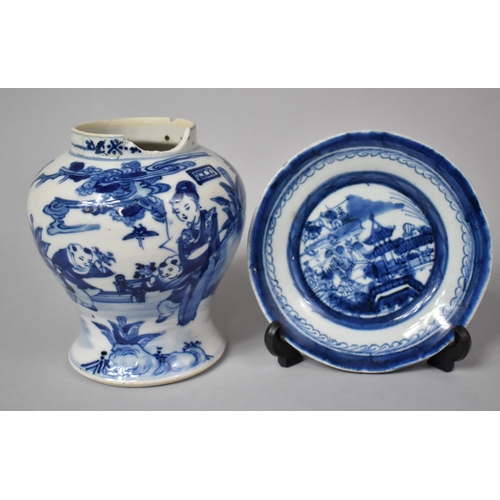 272 - A Small 19th Century Chinese Blue and White Plate Decorated with Village Scene, 16cm Diameter Togeth... 
