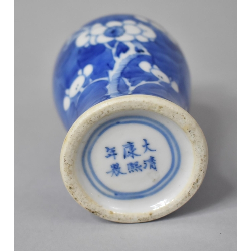 273 - A Small 19th Century Chinese Blue and White Prunus Blossom Vase of Baluster Form, Six Characters in ... 