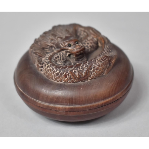 331 - A Carved Wooden Box of Squat Circular form Having Carved Dragon Relief Finial, Inset Signed Mother o... 
