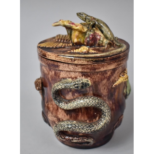 401 - A Portuguese Caldas Palissy Ware Tobacco Pot Decorated with Frog, Snails, Lizards, Seashells, Snake ... 