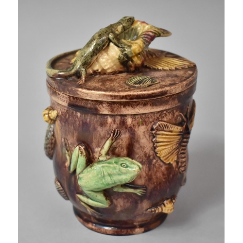 A Portuguese Caldas Palissy Ware Tobacco Pot Decorated with Frog, Snails, Lizards, Seashells, Snake etc, 16cm high