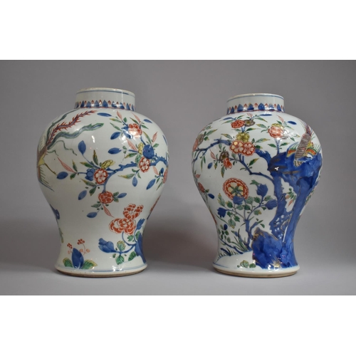 375 - A Pair of 18th/19th Century Chinese Vases of Baluster Form Decorated in the Wucai Palette with Birds... 