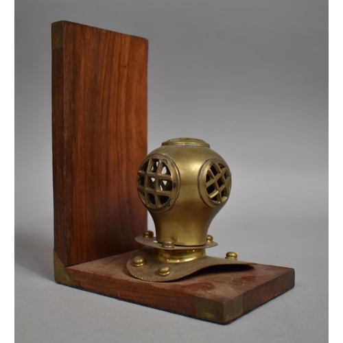 11 - A Miniature Brass Divers Helmet on Mahogany Bracket, Probably One of a Pair of Bookends, 18cm High