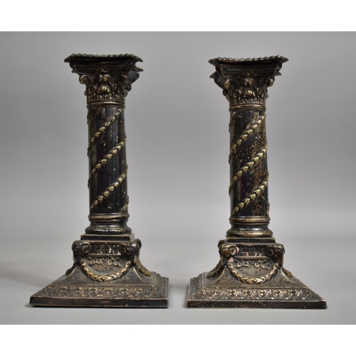 16 - A Pair of Late 19th Century Silver Plated Candlesticks in the Form of Corinthian Columns on Stepped ... 