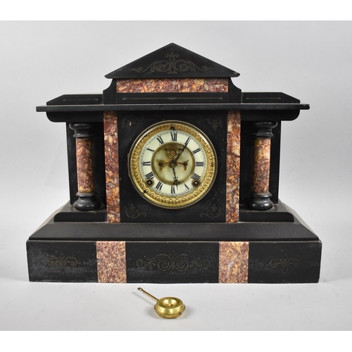 17 - A French Slate and Red Marble Mantle Clock of Architectural Form, 44cm Wide