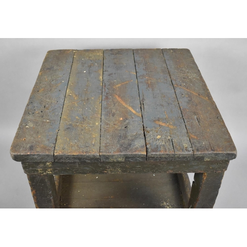 60 - A Vintage Industrial Parts or Oiling Bench with Plank Top, 69cm x 71cm, Galleried Stretcher Shelf