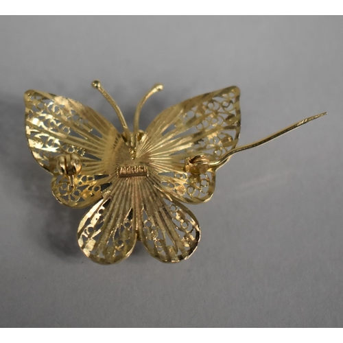 28 - A Continental 9ct Gold Filigree Brooch in the Form of a Butterfly, 2.7gms, 3.3cms Wide