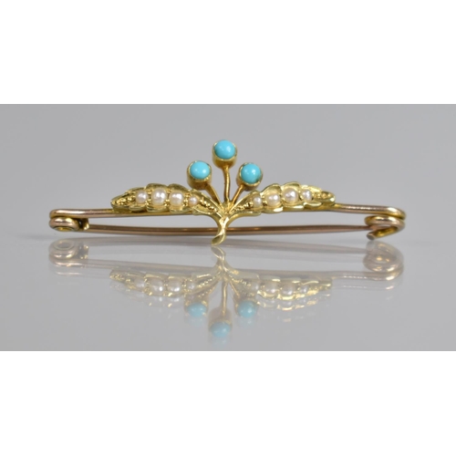 31 - An Edwardian Gold Coloured Metal Brooch, Floral Design Set with Turquoise Cabochon and Seed Pearls, ... 