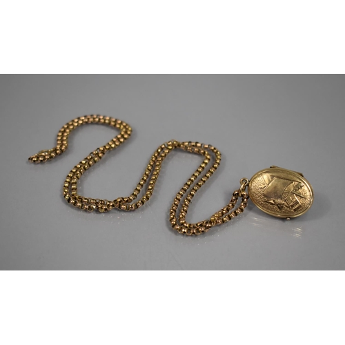 53 - A 9ct Gold Belcher Chain, 75.5cms Long with a Gold Coloured Metal Locket having Blue Enamelled Engra... 