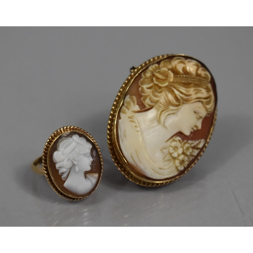54 - A 9ct Gold Framed Shell Cameo Brooch (43x33mms) together with a Similar 9ct Gold Cameo Ring, Size O.... 