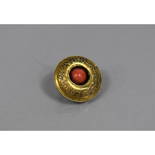 56 - A 19th Century Circular Gold Coloured Metal and Red Coral Brooch, Central Stone 7mm Diameter Inset t... 