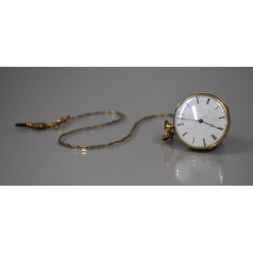 25 - A Continental 18ct Gold Ladies Open Face Pocket Watch, and Chain, White Enamelled Dial with Black Ro... 