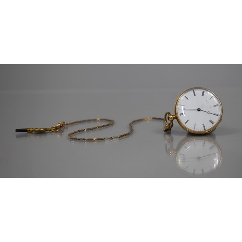 25 - A Continental 18ct Gold Ladies Open Face Pocket Watch, and Chain, White Enamelled Dial with Black Ro... 