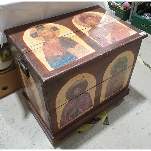 36 - A vintage chest decorated with prints of religious icons, width 26.5